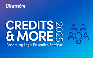 Dinsmore “Credits & More 2025” banner promoting a continuing legal education seminar with icons on a blue background.